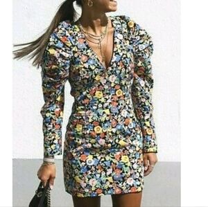 Zara Floral Puff Shoulder Mini Dress XS Dramatic Gigot Statement Sleeve Cotton